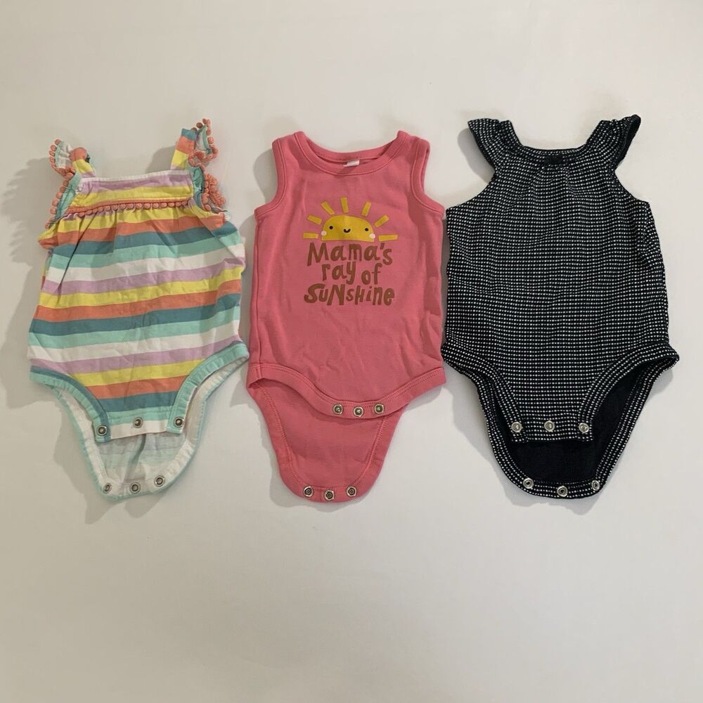 Set of 3 Bodysuits Baby Girl 3 Month Sleeveless Pink Sunshine Rainbow Stripe Dot
